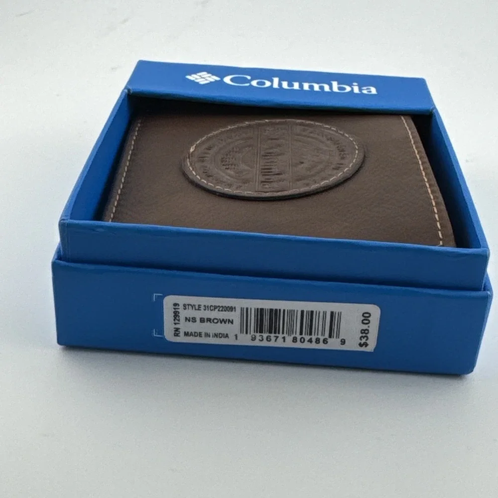 Columbia Men's Leather Wallet brown bifold RFID Billfoldw/ Logo NIB